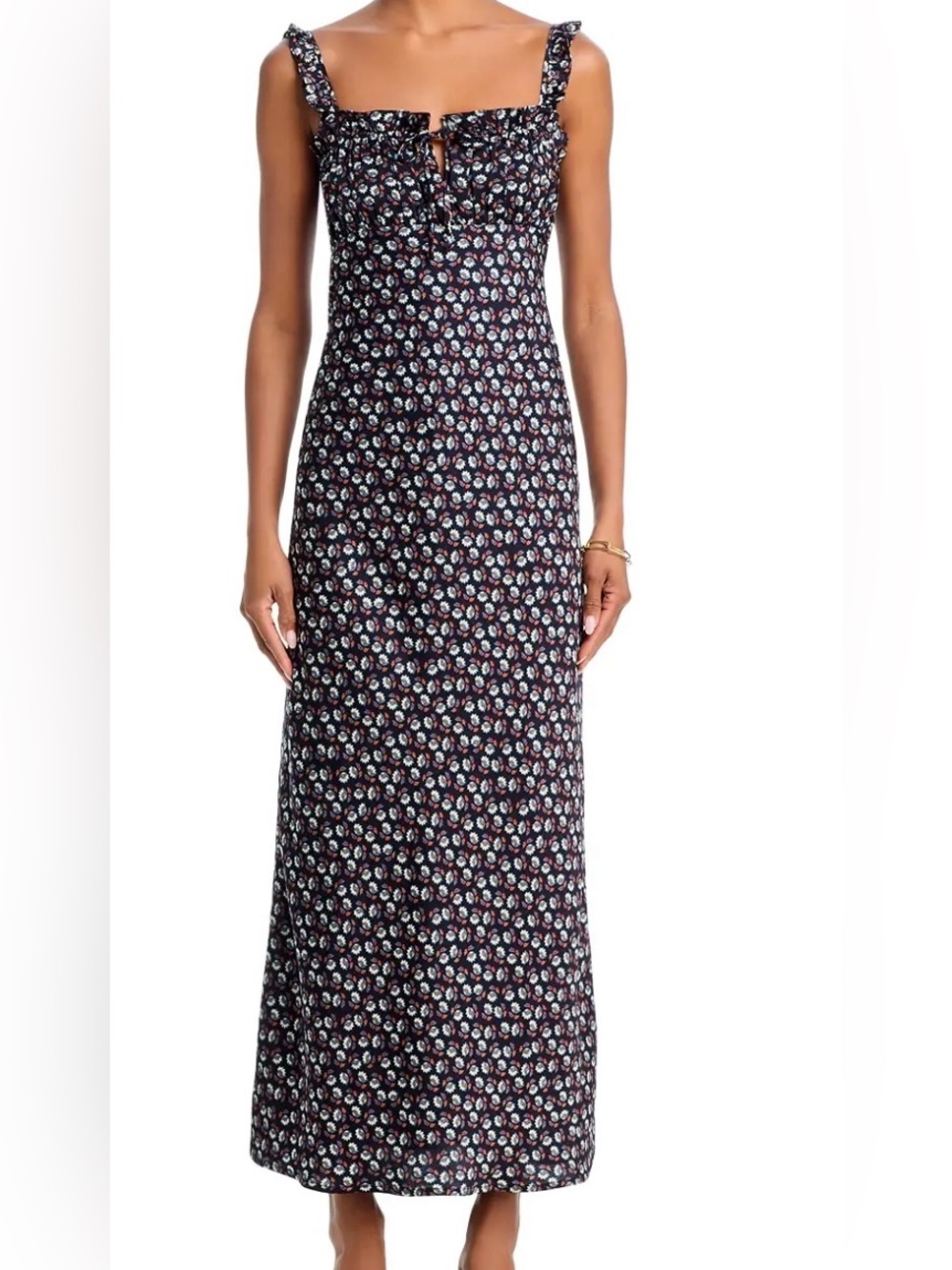 Wayf Navy Floral Midi Dress with Ruffle straps. Perfect fall wedding guest dress